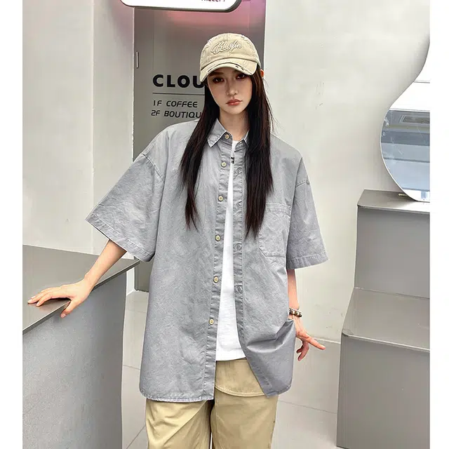 玄唐 复古港风宽松休闲简约小众搭配短袖衬衫 女款