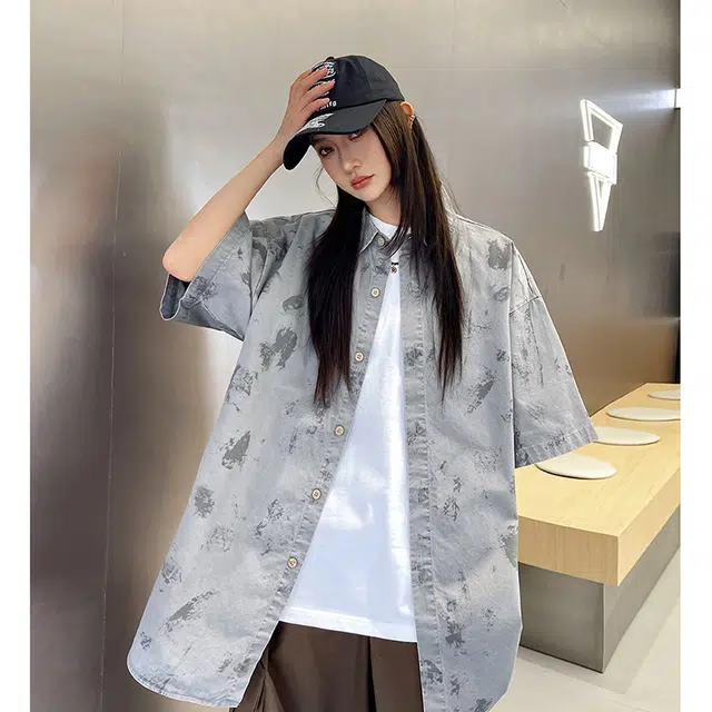 玄唐 扎染格子美式复古衬衣外套上衣翻领短袖衬衫 女款