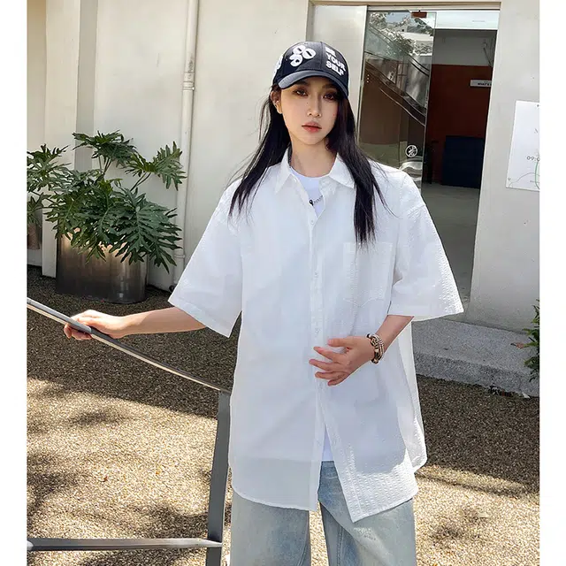 玄唐 纯色百搭慵懒风夏季百搭外套美式街头短袖衬衫 女款
