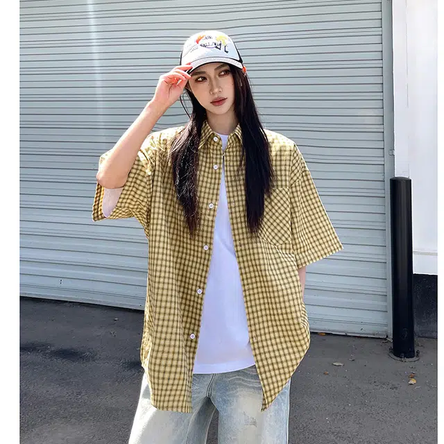 玄唐 美式复古格子外套夏季小众细条纹衬衣半截袖短袖衬衫 女款