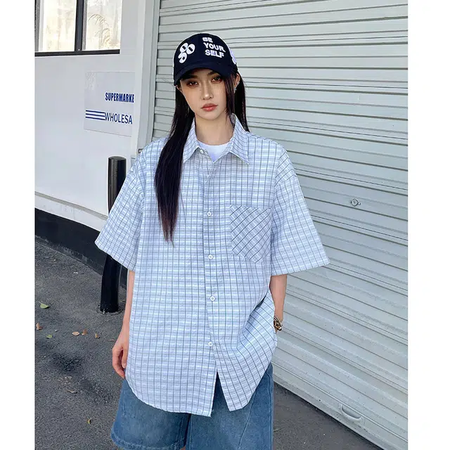 玄唐 穿搭格子宽松慵懒风衬衣外套薄款上衣短袖衬衫 女款