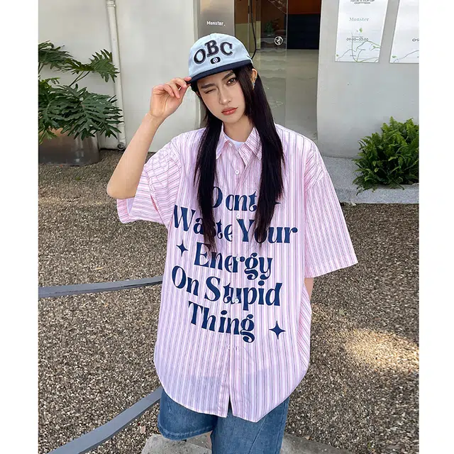 玄唐 条纹印花美式潮牌高级感休闲短袖衬衫 女款