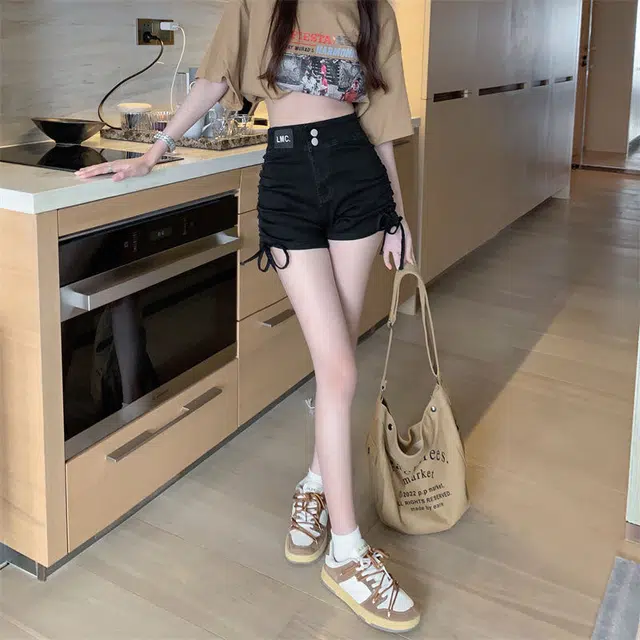玄唐 高腰抽绳设计感韩版修身系带牛仔短裤 女款