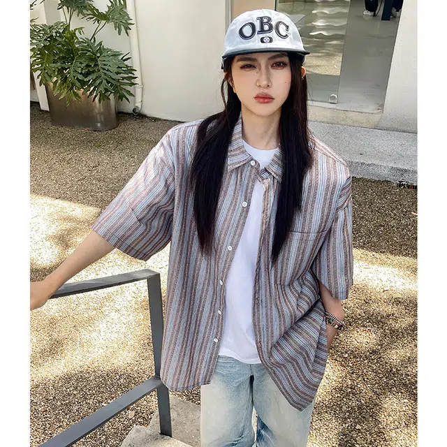 玄唐 日系条纹撞色短袖干净穿搭休闲衬衣外套衬衫 女款