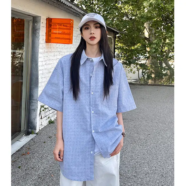玄唐 宽松休闲简约百搭翻领短袖衬衫 女款