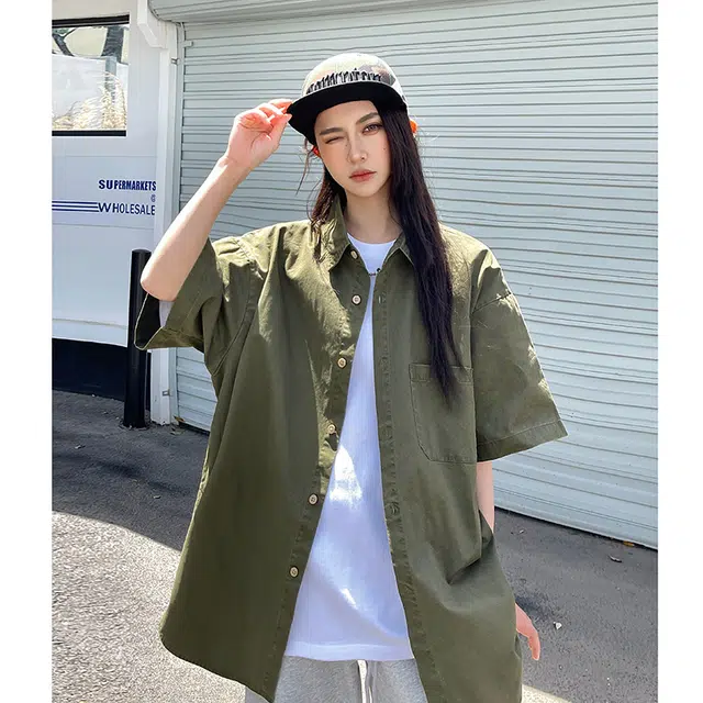 玄唐 复古港风宽松休闲简约小众搭配短袖衬衫 女款