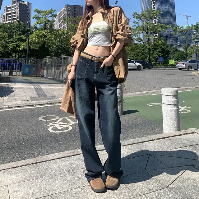 玄唐 夏季高腰长裤女复古方形口袋高街宽松直筒阔腿牛仔裤 女款