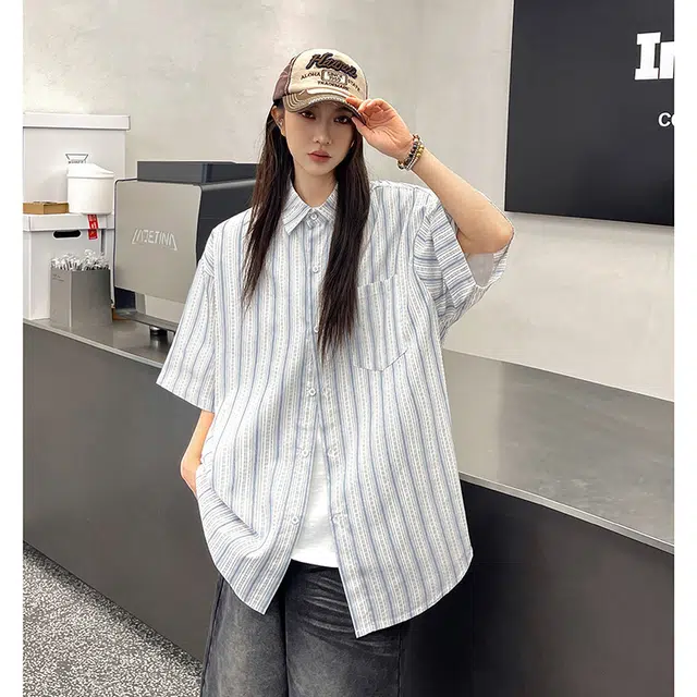 玄唐 日系条纹撞色短袖干净穿搭休闲衬衣外套衬衫 女款