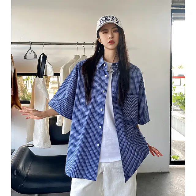 玄唐 美式格子宽松小众复古百搭通勤短袖衬衫 女款