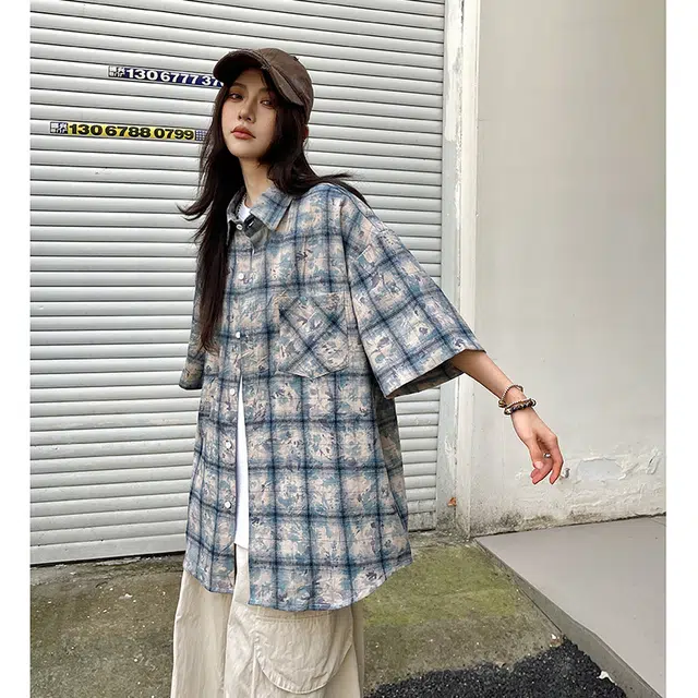 玄唐 美式复古扎染格子翻领高级感宽松百搭短袖衬衫 女款