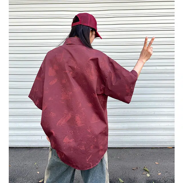 玄唐 扎染格子美式复古衬衣外套上衣翻领短袖衬衫 女款
