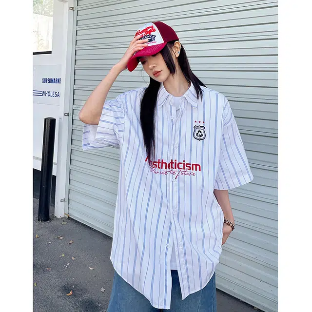 玄唐 美式学院风条纹字母帅气百搭翻领上衣短袖衬衫 女款