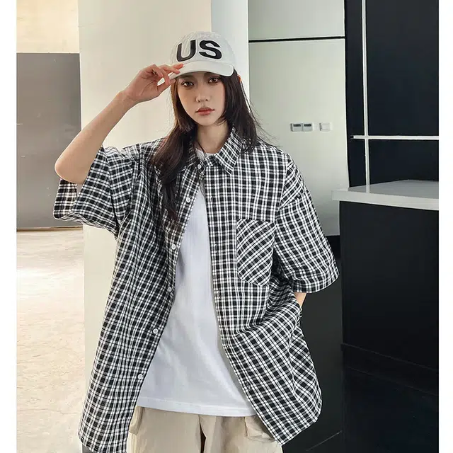 玄唐 复古格子翻领宽松休闲短袖衬衫 女款