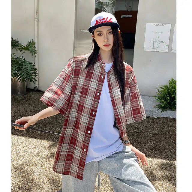 玄唐 复古休闲格子气质百搭短袖衬衫 女款