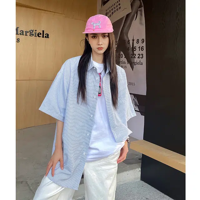 玄唐 日系薄款宽松条纹休闲短袖衬衫 女款