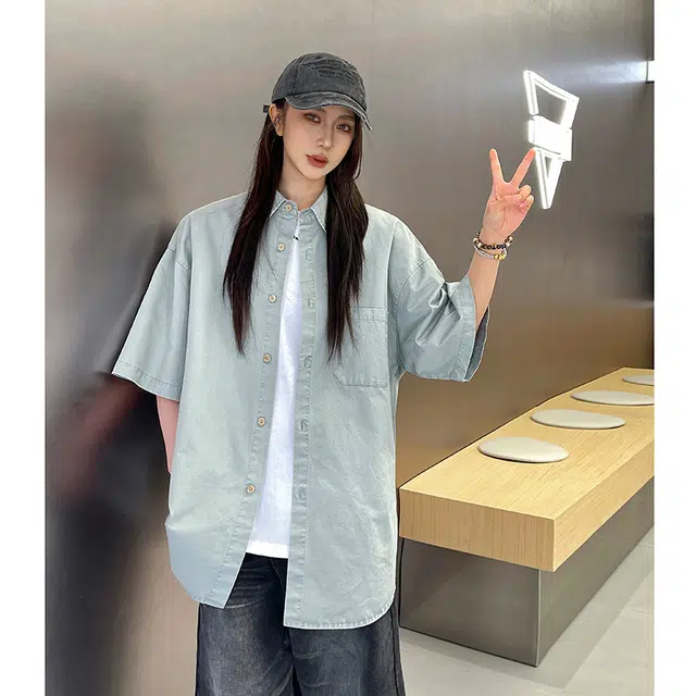 玄唐 复古港风宽松休闲简约小众搭配短袖衬衫 女款