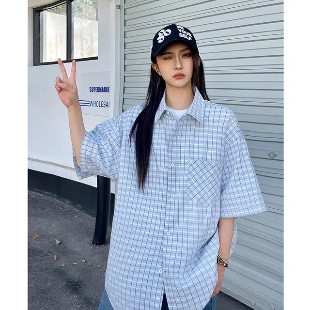 玄唐 穿搭格子宽松慵懒风衬衣外套薄款上衣短袖衬衫 女款