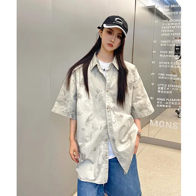 玄唐 扎染格子美式复古衬衣外套上衣翻领短袖衬衫 女款