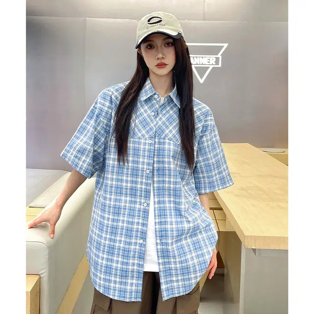 玄唐 日系格纹格子美式宽松休闲短袖衬衫 女款