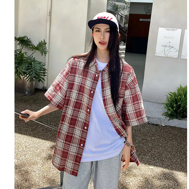 玄唐 复古休闲格子气质百搭短袖衬衫 女款