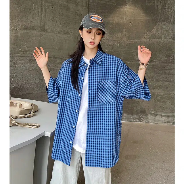 玄唐 美式复古格子百搭宽松上衣短袖衬衫 女款