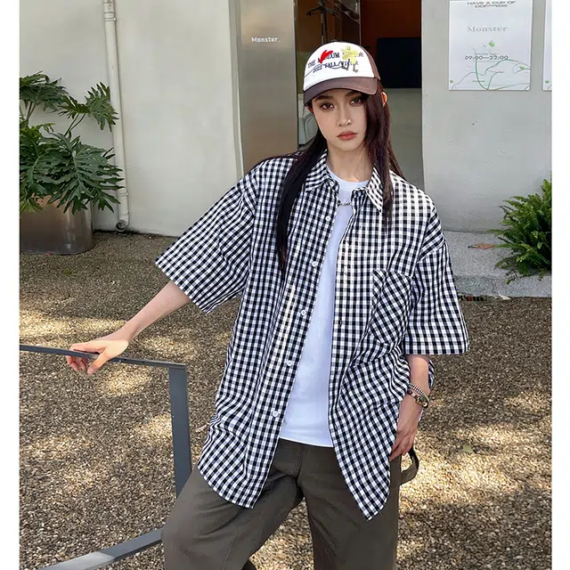 玄唐 美式复古格子百搭宽松上衣短袖衬衫 女款