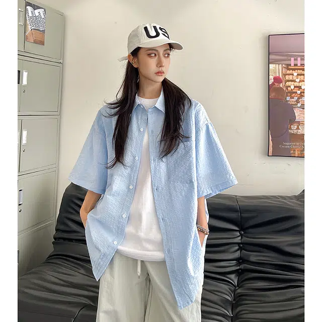 玄唐 纯色百搭慵懒风夏季百搭外套美式街头短袖衬衫 女款