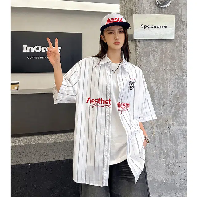 玄唐 美式学院风条纹字母帅气百搭翻领上衣短袖衬衫 女款