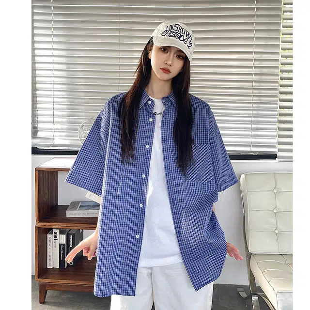 玄唐 美式格子宽松小众复古百搭通勤短袖衬衫 女款