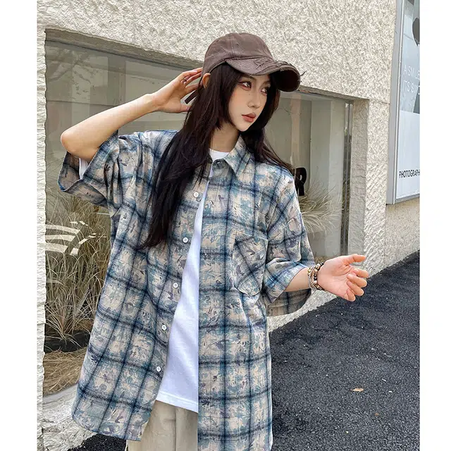 玄唐 美式复古扎染格子翻领高级感宽松百搭短袖衬衫 女款