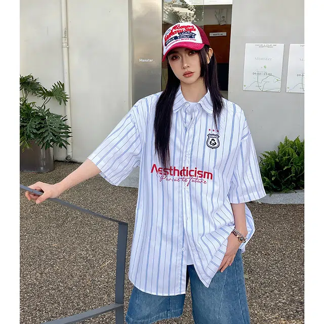 玄唐 美式学院风条纹字母帅气百搭翻领上衣短袖衬衫 女款