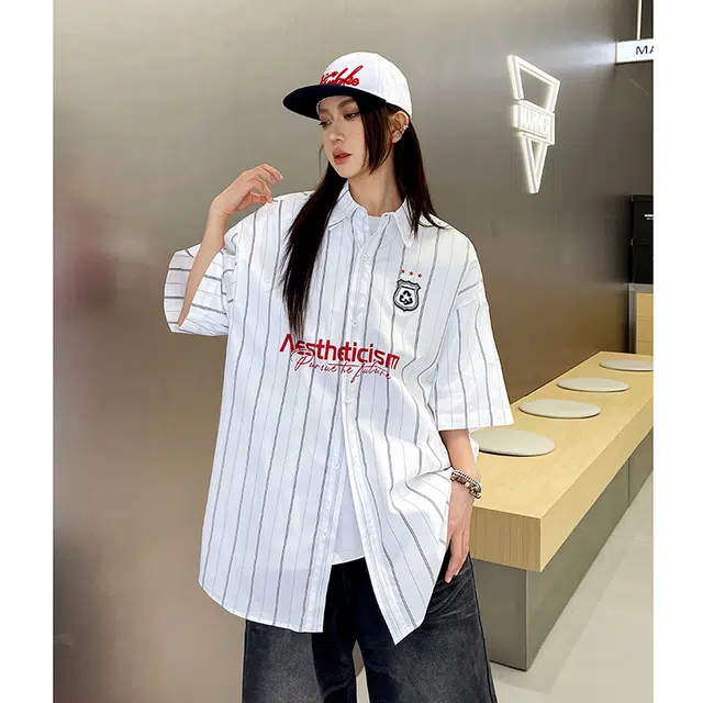 玄唐 美式学院风条纹字母帅气百搭翻领上衣短袖衬衫 女款