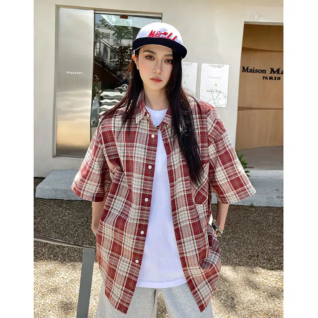玄唐 复古休闲格子气质百搭短袖衬衫 女款