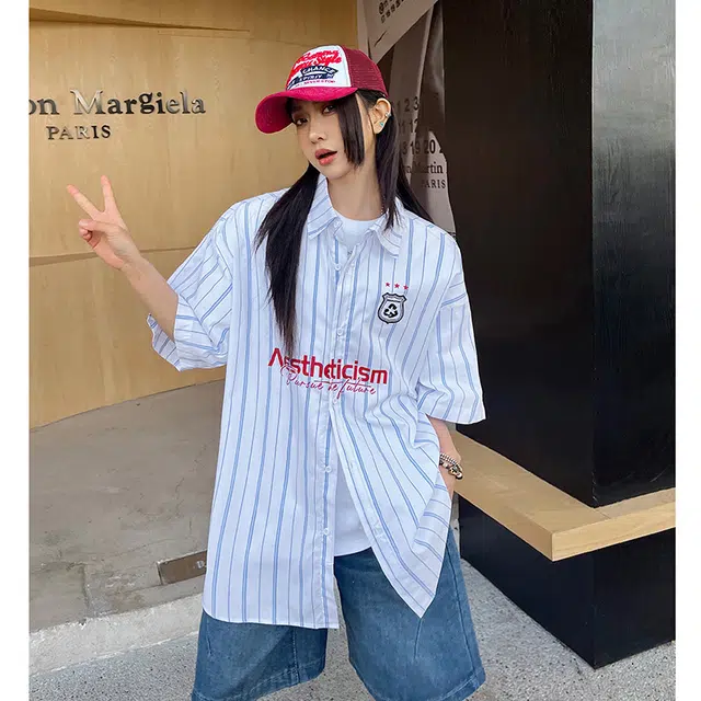 玄唐 美式学院风条纹字母帅气百搭翻领上衣短袖衬衫 女款