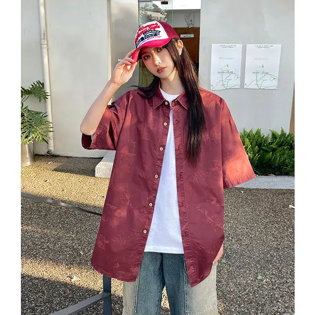 玄唐 扎染格子美式复古衬衣外套上衣翻领短袖衬衫 女款