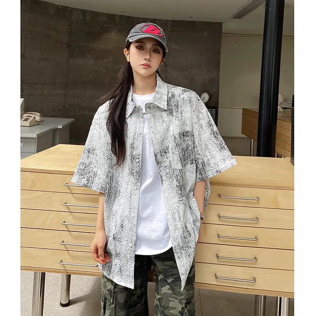 玄唐 美式扎染青少年设计感休闲衬衣外套短袖衬衫 女款