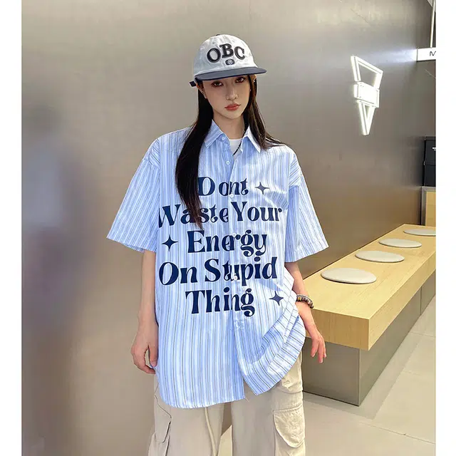 玄唐 条纹印花美式潮牌高级感休闲短袖衬衫 女款