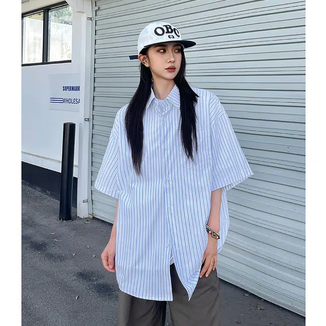 玄唐 条纹高级感复古衬衣短袖衬衫 女款