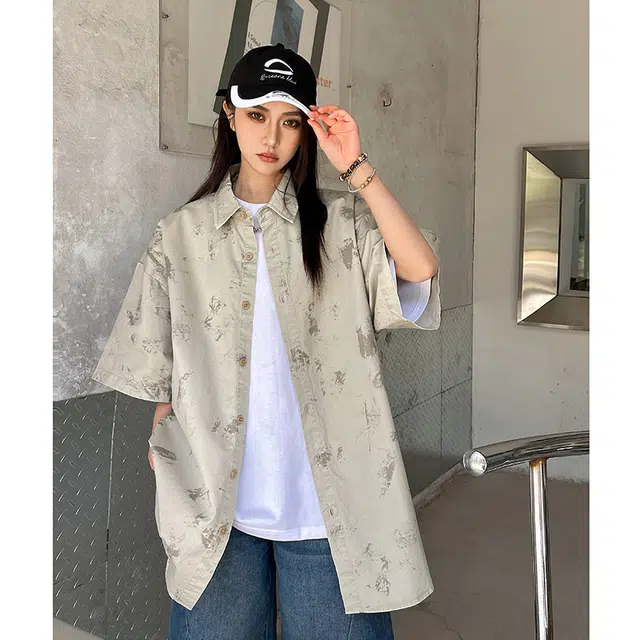 玄唐 扎染格子美式复古衬衣外套上衣翻领短袖衬衫 女款