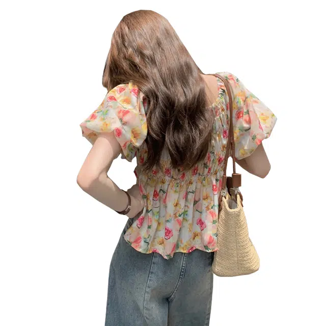 玄唐 法式碎花方领泡泡袖修身薄款短袖衬衫 女款