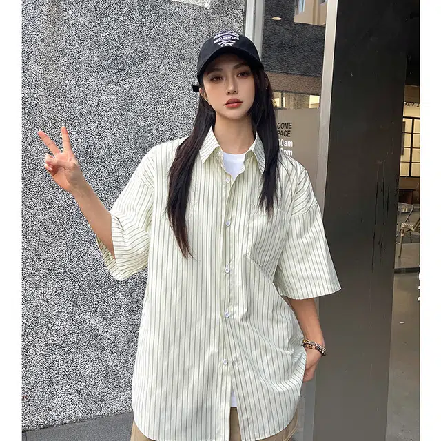 玄唐 条纹高级感复古衬衣短袖衬衫 女款
