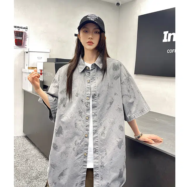 玄唐 扎染格子美式复古衬衣外套上衣翻领短袖衬衫 女款