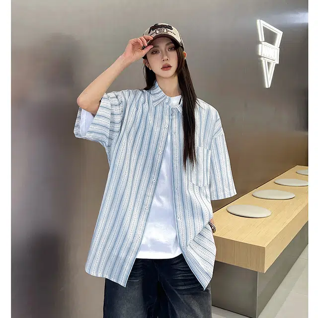 玄唐 日系条纹撞色短袖干净穿搭休闲衬衣外套衬衫 女款