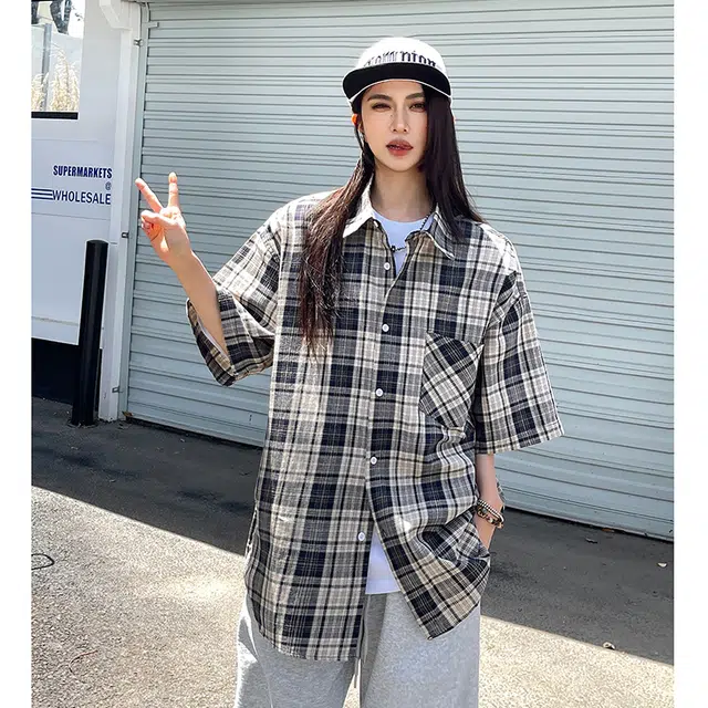 玄唐 复古休闲格子气质百搭短袖衬衫 女款