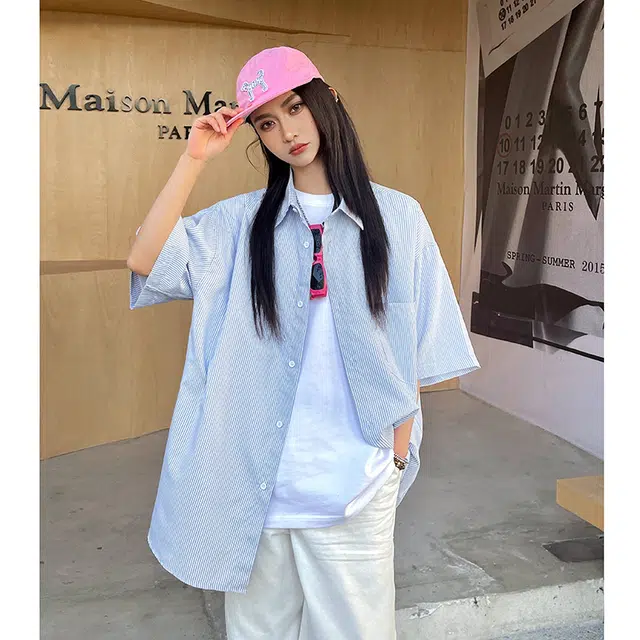 玄唐 日系薄款宽松条纹休闲短袖衬衫 女款