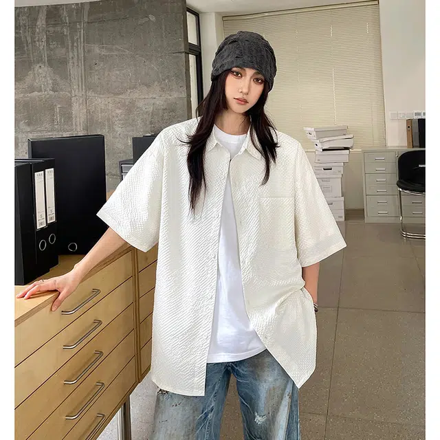 玄唐 翻领休闲宽松复古舒适短袖衬衫 女款