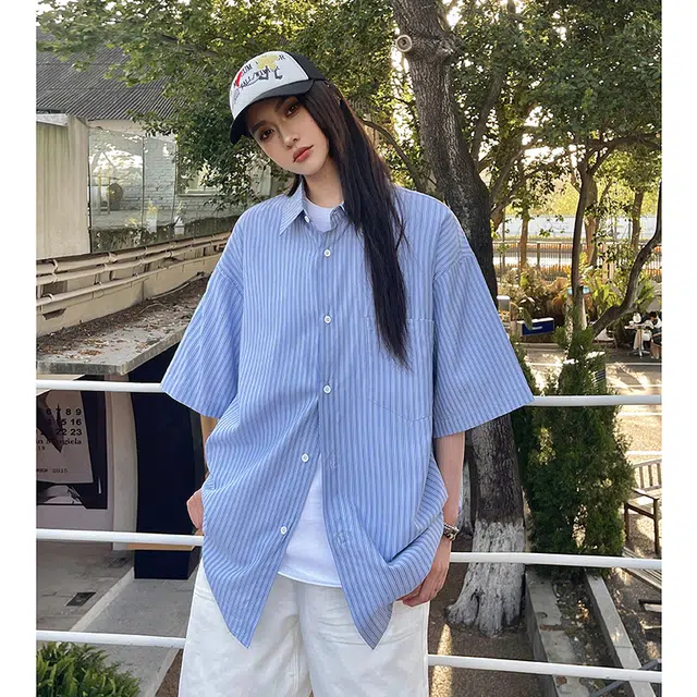 玄唐 条纹短袖夏季简约休闲百搭衬衣外套短袖衬衫 女款