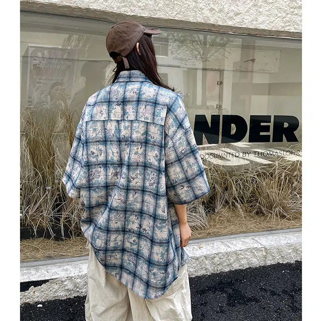 玄唐 美式复古扎染格子翻领高级感宽松百搭短袖衬衫 女款