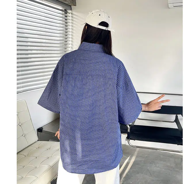 玄唐 美式格子宽松小众复古百搭通勤短袖衬衫 女款