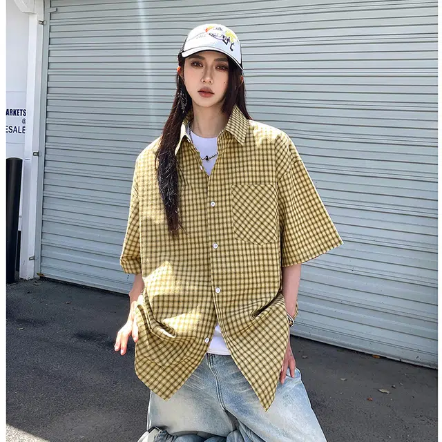 玄唐 美式复古格子外套夏季小众细条纹衬衣半截袖短袖衬衫 女款